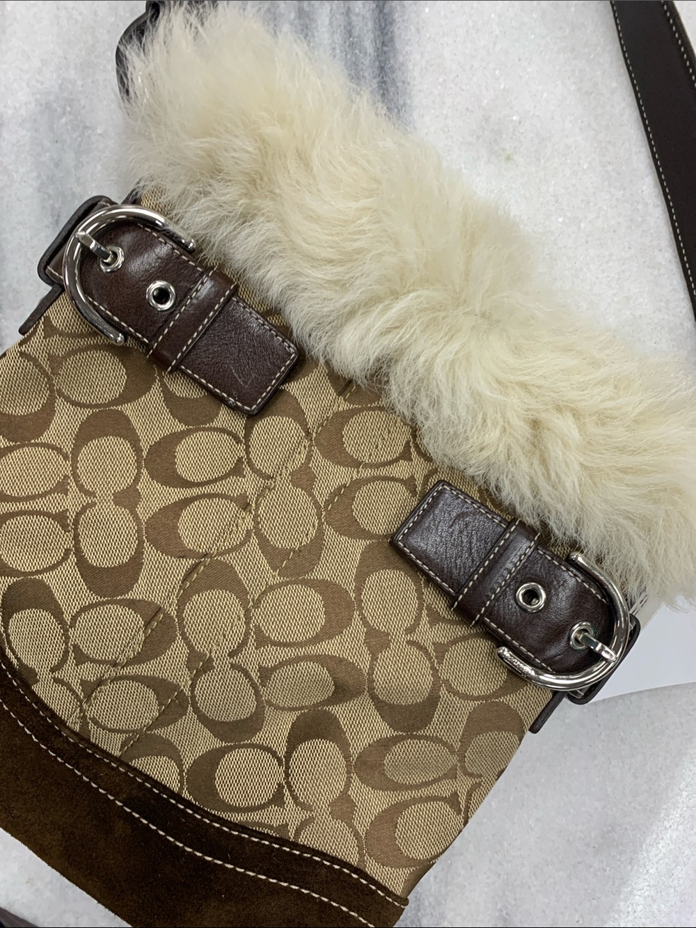 Coach Tan & Brown Signature Jacquard Fur-Trim Shoulder Bag - Picture 12 of 12